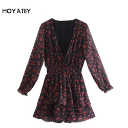 MOYATIIY minivestido Retro con estampado Floral y lunares para mujer, moda 2022, con volantes, estampado de lunares, cintura elástica