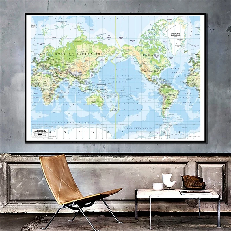 Орографическая карта мира 90*60 см Картина на холсте настенные художественные