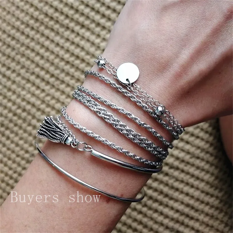 NEW Set Bohemian Silver Color Tassel Round Bracelet Set for Women Multilayer Pendant Bracelet 2020 Fashion Jewelry