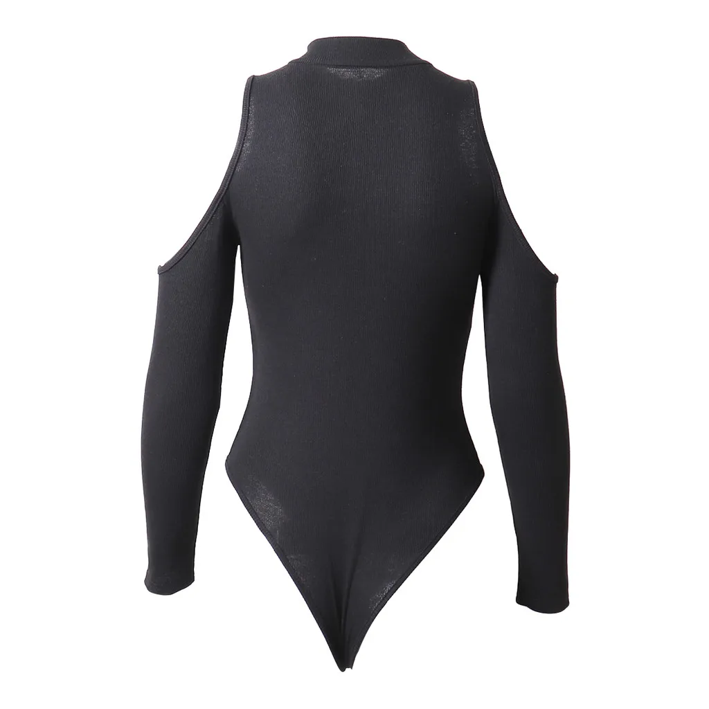 Black Front Bodysuit Sexy Long Sleeve O-neck Off Shoulder Zipper Tight Plain Skinny Bodysuits Women Stretchy Minimalist Bodysuit