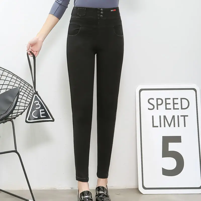 Высокая талия женские имитация джинсовые пуговицы женские брюки тонкие эластичные большого размера стрейч джинсы плюс размер черные прилегающие брюки-карандаш