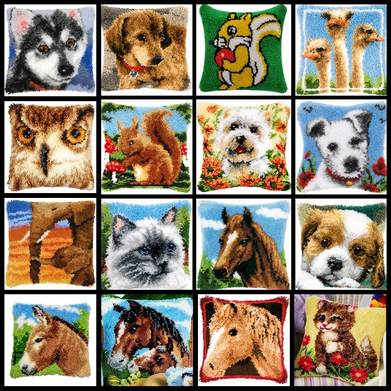 Latch Hook Pillow Cushion Kits Dog Cat Horse Cross Stitch Needlework Crocheting Cushion Animal Pattern Embroidery Home Decor carpet embroidery kit