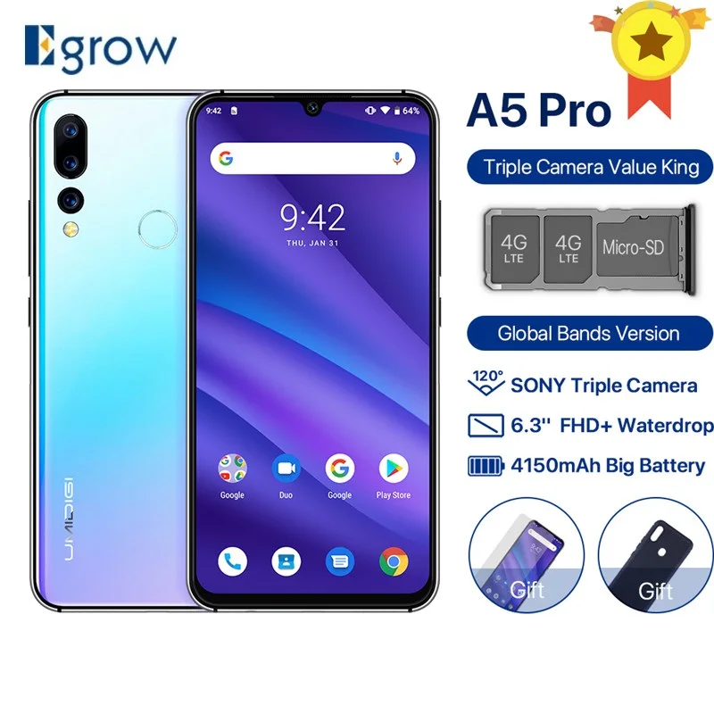

UMIDIGI A5 PRO Android 9.0 Octa Core 16MP Triple Camera 4150mAh 4GB 32GB 6.3' FHD+ Waterdrop Smartphone