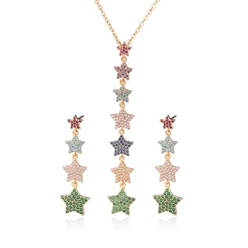 

Fashion Stars Shape Long Pendant Earrings Necklaces Jewelry Sets Paved Micro Cubic Zirconia Gold Color Sparking women Bridal set