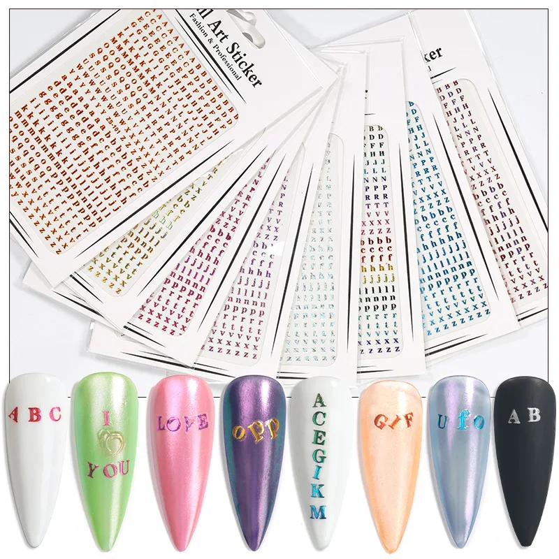 

8 Pcs/Lot Holographic Nail Sticker Ultra Thin Old English Letter Alphabet 8 Colors 3D Colorful Decals DIY Polish Manicure Tips