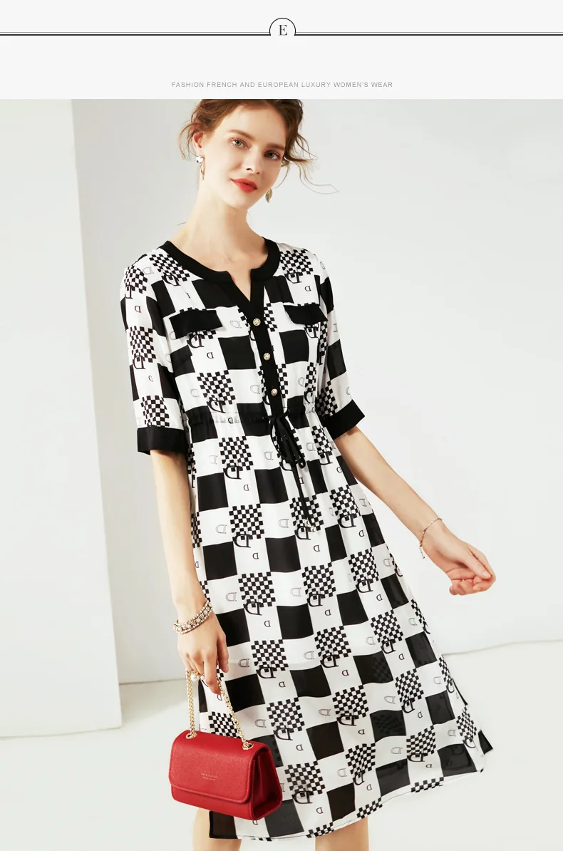 Лето женское Новое темпераментное платье с v-образным вырезом и коротким рукавом черно-белое контрастное шелковое платье с принтом для женщин