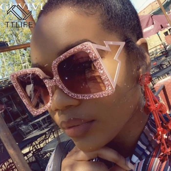 

TTLIFE Oversized Sunglasses Women Steampunk Diamond Sunglasses Square Punk Eyeglasses Gradient Handmade Sunglasses Rhinestone