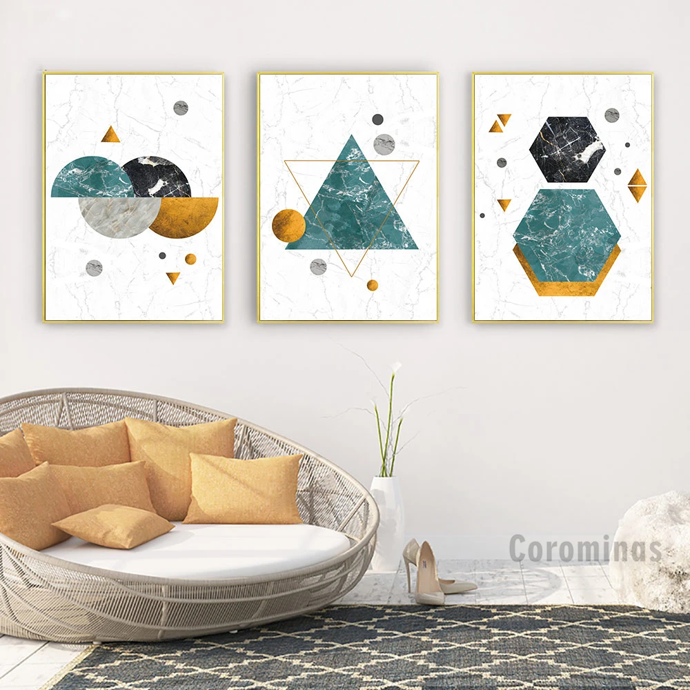 

Abstract Geometry Marble Canvas Paintings Triangle Circle Hexagon Poster and Print Nordic Style Wall Art for Living Room Picture