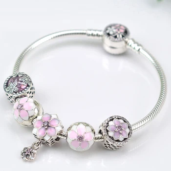 

NEW NEW 100% 925 Sterling Silver Bracelet Set For Europe Women Spring Pink Flowers DIY Gift Original Bangle Charm Jewelry
