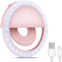 Luz do anel de selfie para o telefone, luz ajustável do selfie do brilho de 3 níveis, luz da câmera do telefone do clip on, luz recarregável da suficiência do diodo emissor de luz