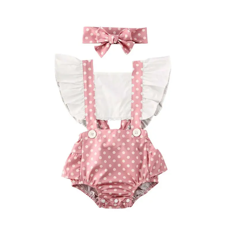 

2020 Toddler Baby Girl Bodysuits Headband 2pcs Polka Dot Print Ruffles Short Sleeve Playsuit Outfits Set 0-24M