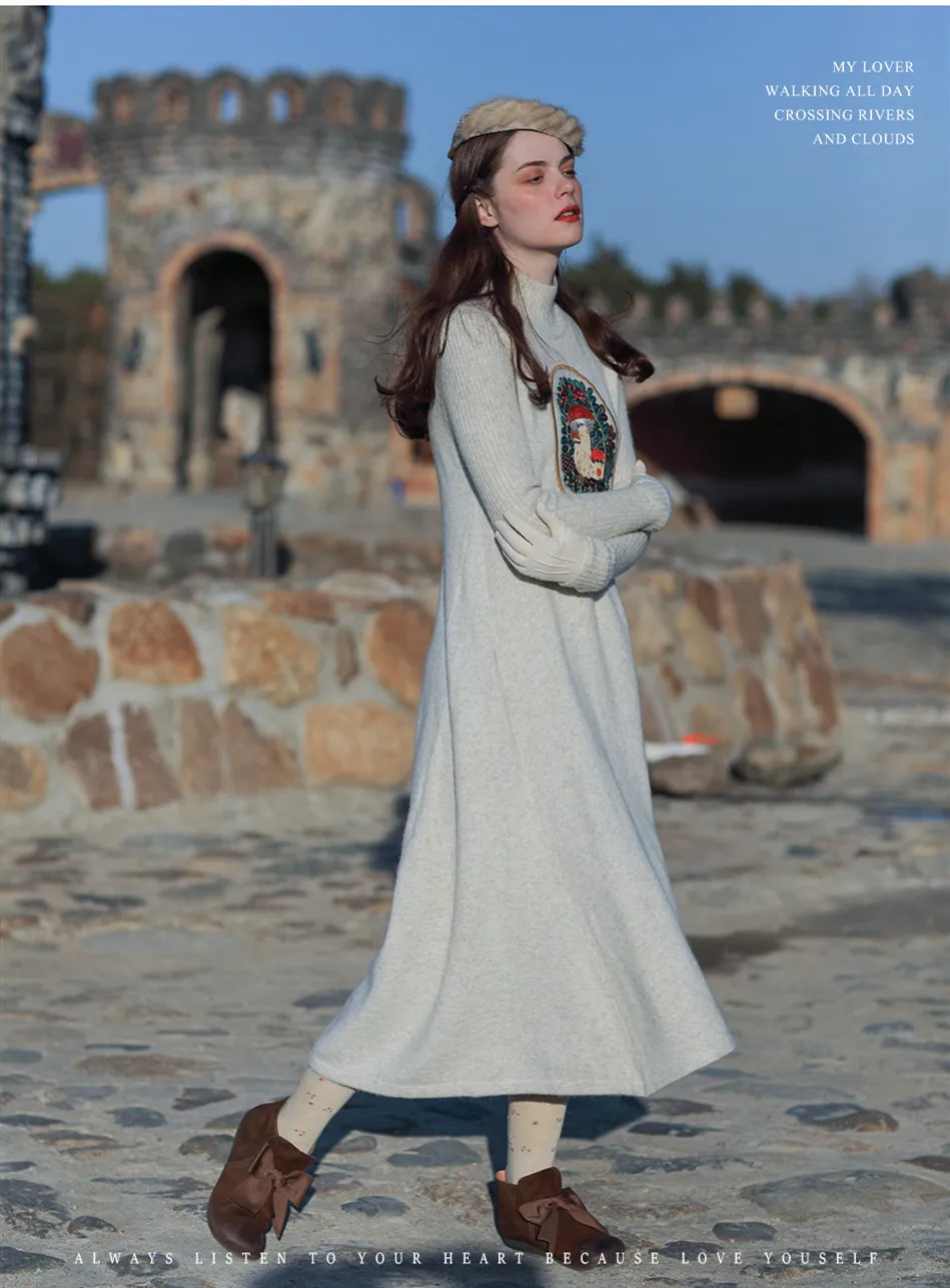 Дизайн, AIGYPTOS, для женщин, осень, зима, Mori Girl, милое, винтажное, с вышивкой, теплое, повседневное, свободное, молочно-желтое, длинное, шерстяное платье
