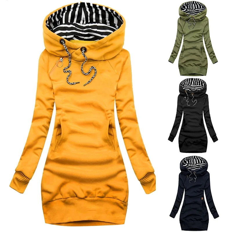 

Slim Fit Hoodie Warm Striped Cuff Tunic Long Sleeve Pocket Sweatshirt Solid Color Poleron Mujer 2020 Bodycon Hoodie Rope Women