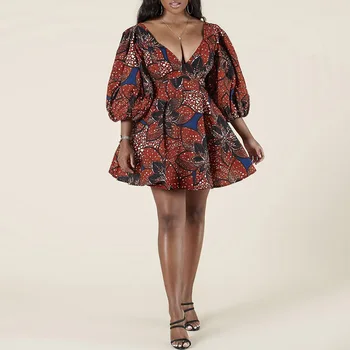 

Fashion New Style Women African Print Deep V-neck Lantern Sleeve Short Dress Plus Size African Clothes Women Summer Dress