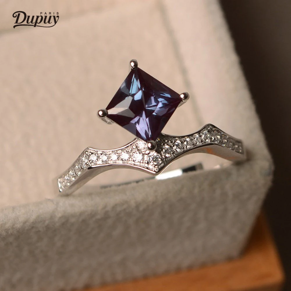 

Alexandrite Ring June Birthstone Sterling Silver 6MM Princess Cut Engagement Ring