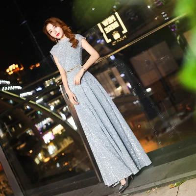 

Silver evening dress women long 2020 new banquet noble elegant ladies company banquet host dress skirt
