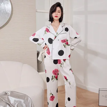 

2020 New Pajamas Ladies Spring Summer Ice and Snow Silk Korean Long Sleeve Home Clothes Pattern Temperament Loose Suit Women