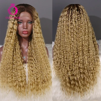 

OLEY Hair Heat Resistant Synthetic Wig Glueless Honey Blonde Curly Lace Front Wig Long Brown Root Ombre Wigs For Black Women