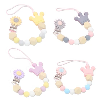 

Silicone Wood Beads Baby Pacifier Clip Chain Cute Flower Crown Pacifier Clips Soother Chew Toys Anti-Drop Chains Baby Teething T