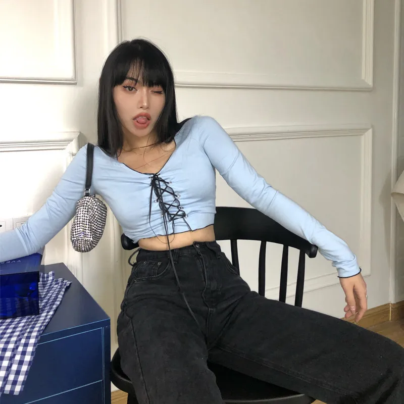 

2020 Sexy Women's Short Top Blue Long-sleeved V-neck Tie T-shirt High Street Fashion Slim Bottoming Shirt Female Party Wear