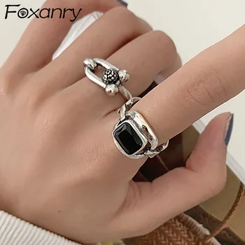 Foxanry 925 Sterling Silver Hiphop Rock Rings for Women Couples New Fashion Creative Hollow Geometric Party Jewelry Gifts