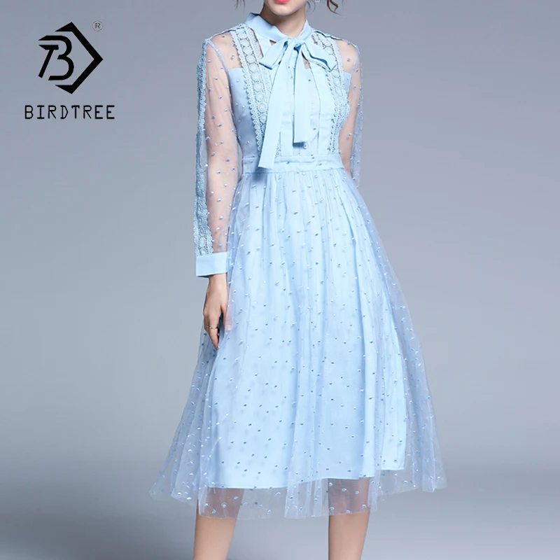 2019 весеннее и летнее однотонное Сетчатое модное платье с длинными рукавами