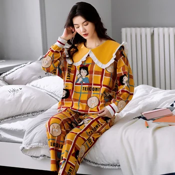 

Autumn Winter Women Pajamas Sets with Pants Long Sleeve turn-down Collar with Pocket Pyjama Cute Cartoon Button Top+Pants Pijama