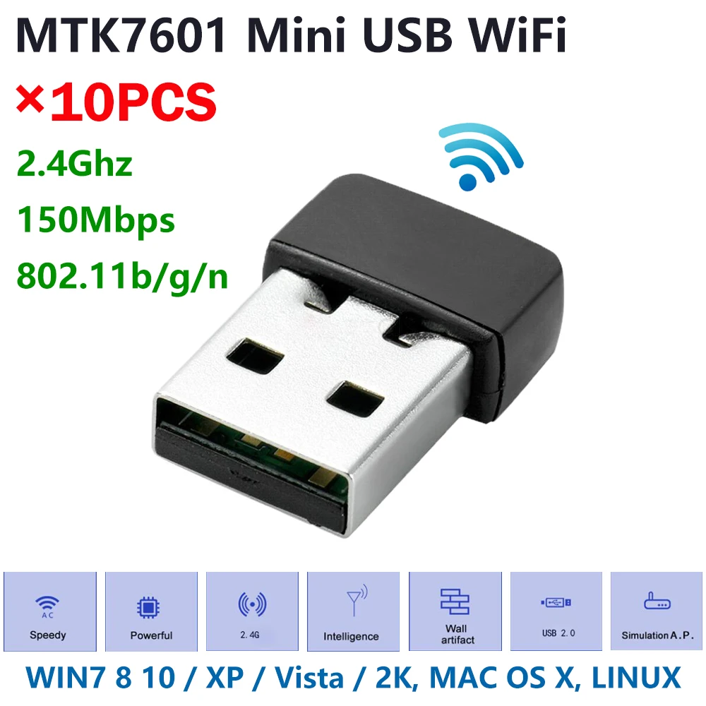 [10 шт.] Мини USB Wi Fi адаптер MTK7601 чип 150 Мбит/с IEEE 802.11b/G/N Стандартный USB2.0 интерфейс 7601