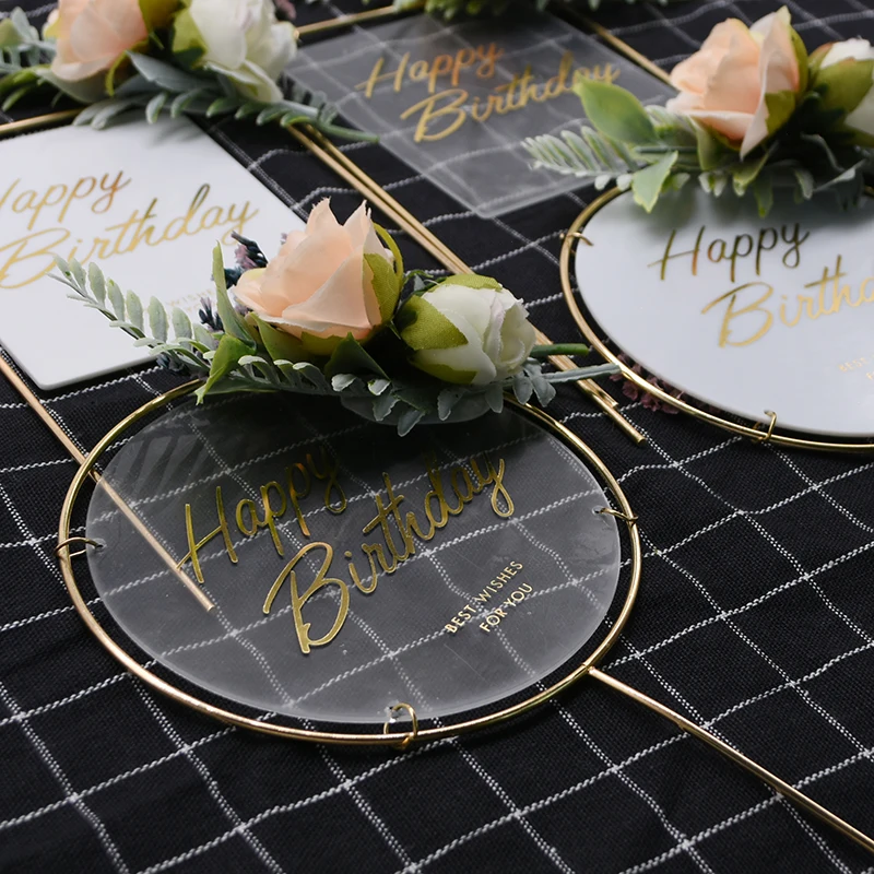 Metal Happy Birthday Cake Topper Artificial flowers Cake Toppers For DIY Baby Shower Birthday Party Decoration Baking Decor party decorations birthday party supplies cake topper cake decorations cake toppers 1Pcs