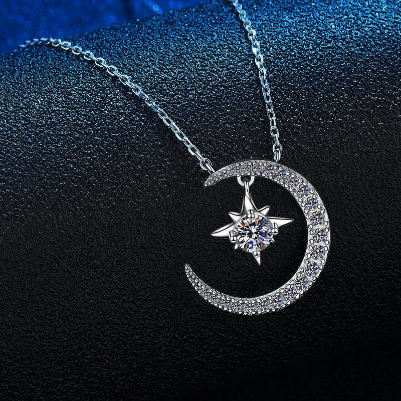 Real VVS1 Moissanite Necklace For Women 925 Sterling Silver Moon Star 0.3 CT GRA Diamond Pendant Necklace Bridal Fine Jewelry - Image 2
