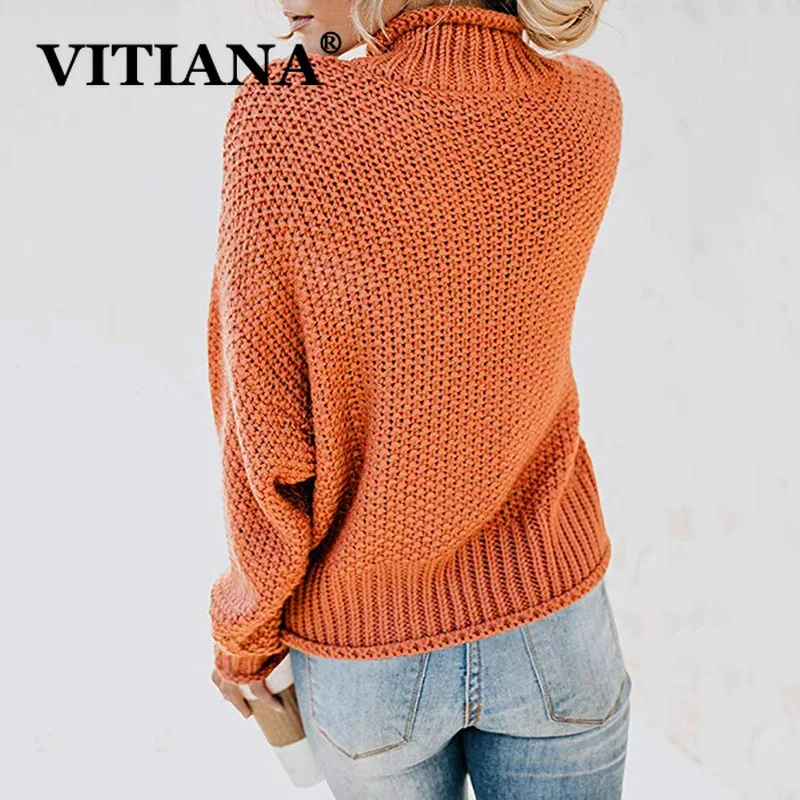 VITIANA 2019 Autumn Winter Casual Knit Sweater Women Long Sleeve Turtleneck Pullovers Loose Solid Coat Fashion Sweaters Clothes