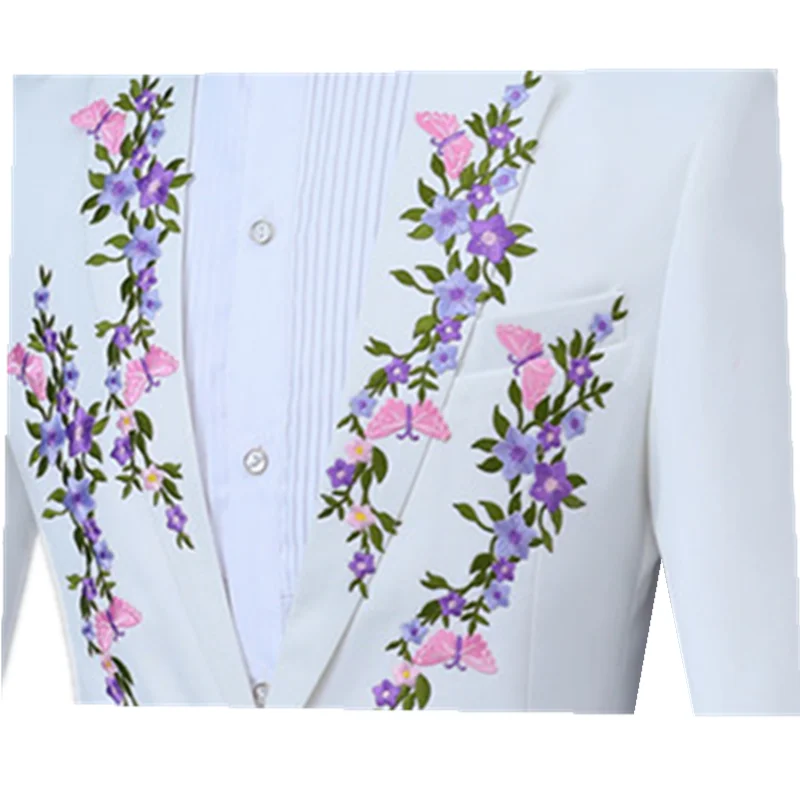 Fashion men's 4 flower embroidered suit set wedding prom party casual slim lapel white business suit(coat+ pant