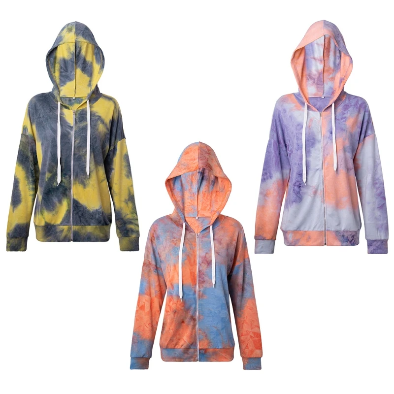 

Women Long Sleeve Hoodie Jacket Gradient Tie-Dye Full Zip Drawstring Sweatshrt