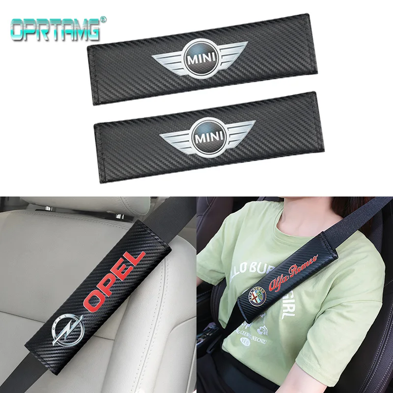 

2Pcs Car Carbon Fiber Brand Logo Safety Shoulder Belt For Seat Mini Benz Chevrolet Mitsubishi Ford Dacia Audi BMW Toyota Skoda