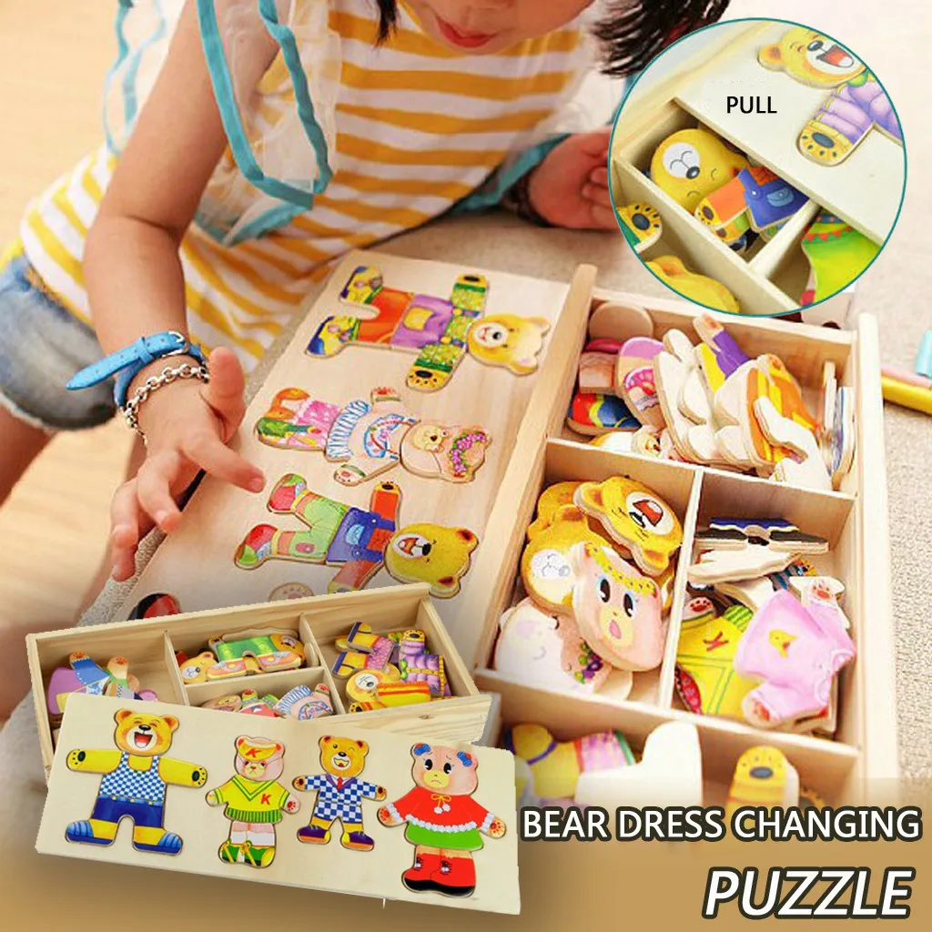 Baby Wooden Puzzle toys Bear Dress Changing Puzzle Wooden Learning