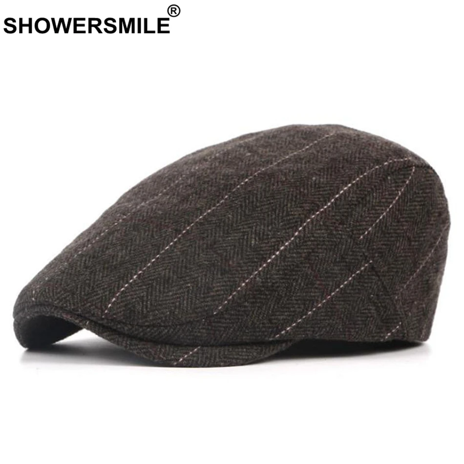 SHOWERSMILE/серая клетчатая шапка берет Мужская шерстяная твидовая с узором в елочку