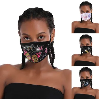 

1pc Adult Flash Drilling Mask Reusable Masque En Tissu Lavable Colored Butterfly Print Bling Breathable Face Masks Windbreak