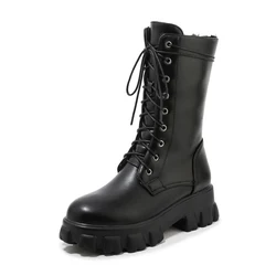 Inner Heightened Thickened Polyurethane Sole Medium Tube Women's Boots Mid-Calf Zip Platform Boots Round Toe High Hoof Heels