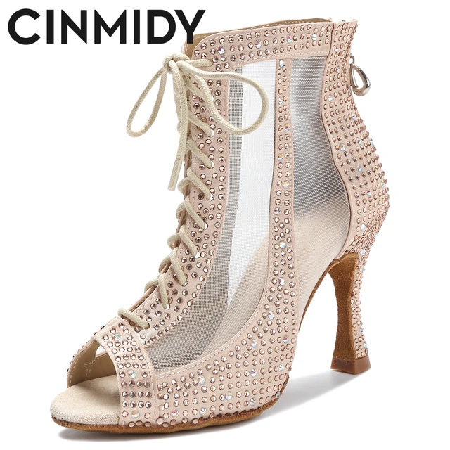 CINMIDY Latin Dance Boots Sexy Belly Dance Shoes Rhinestone Pole Dance Shoes  Breathable Soft Sole Women Sandals Wedding Heels