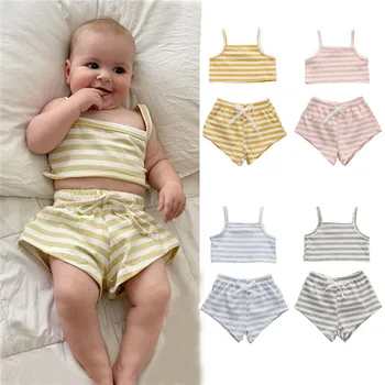 

0-36 Months Newborn Kid Baby Girl Boy Striped Clothes Set Sling Vest Top Shorts Baby Girls Cotton Outfit Set