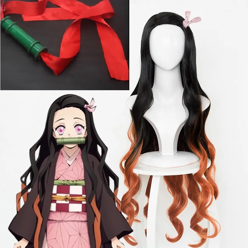 Demon Slayer Kimetsu no Yaiba Kamado Nezuko косплей парик термостойкие синтетические волосы парики+ парик колпачок+ бамбуковый реквизит уплотнительная палка - Цвет: Wig and Stick 1