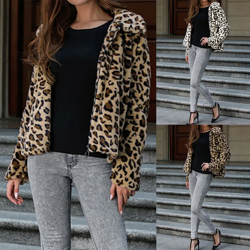 Женское теплое мягкое пальто из искусственного меха с леопардовым принтом, зимнее плюшевое пальто, элегантная тонкая верхняя одежда с отложным воротником, верхняя одежда