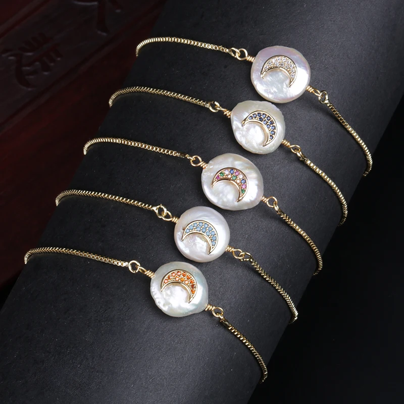 Многоцветный Цирконий pave полумесяц новолуние очарование натуральный пресноводный жемчуг шарик звено браслет для женщин Свадьба подарок на день рождения
