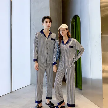 

Spring and Autumn Pizama Damska Ice Silk Couple Pajamas Women Long-sleeved Pyjama Femme Striped Loose Casual Men's Home Wear