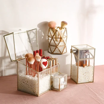 

New Arrivals Glass Makeup Brush Holder Storage Box With Free White Pearls Gold Glass Makeup Brush Pearls Holder Storage Box