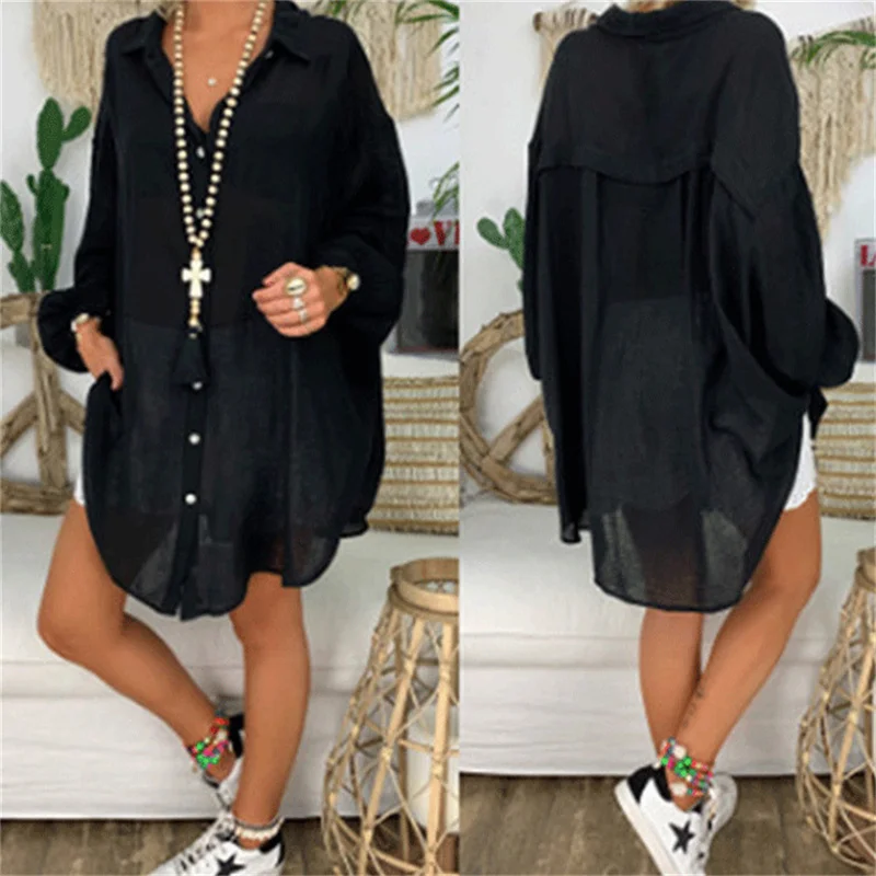 2021 Women's Beach Cover Up Long Sleeve Button Down Sleep Shirt Dress Swimsuit Lapel Solid Color Cover Up Tunics Loose Beachwear crochet bathing suit cover up