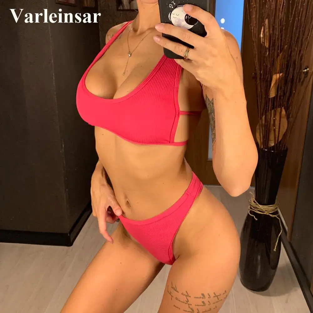 

Sexy Thong Swimsuit High Waist Bikini Women Swimwear Two-pieces Bikini set 2019 Bather Ribbed Bathing Suit Swim Wear V1563