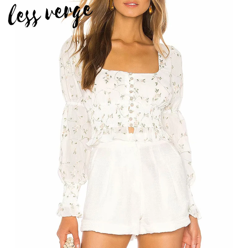 

lessverge Floral print white women blouse shirt Flare sleeve vintage blouse top Bohemian autumn winter ladies tops short blusas