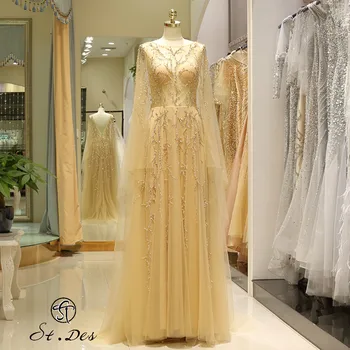 

NEW 2020 St.Des A-line Russian V-neck Champagne Beading Long Sleeve Beauty Queen Floor Length Evening Dress Party Dress