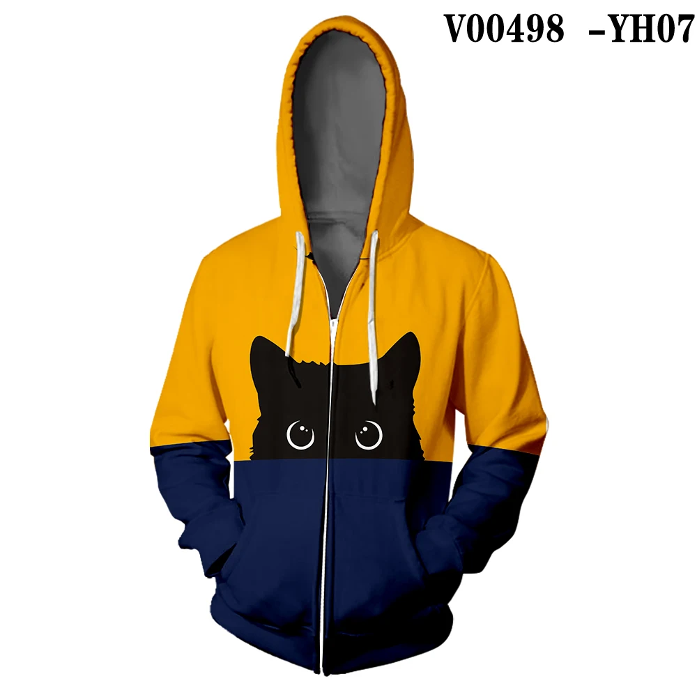 V00498 WAMNI черная толстовка на молнии с котом для мужчин/женщин, толстовки на молнии, Рождественская одежда, толстовка с капюшоном, толстовки на молнии с 3D рисунком - Цвет: V00498